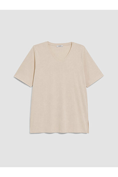 LC Waikiki Lcwaikiki Curve Beige Plus Size 100% Cotton Women's T-Shirt