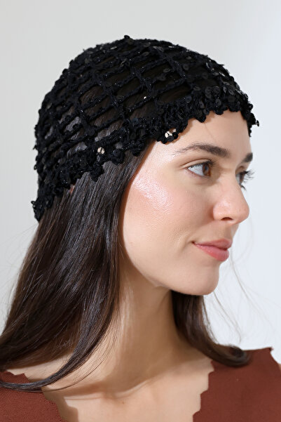 FATMA PULLU İP Black Sequined Hand Knitted Mesh Beanie – Handmade Hair Accessory