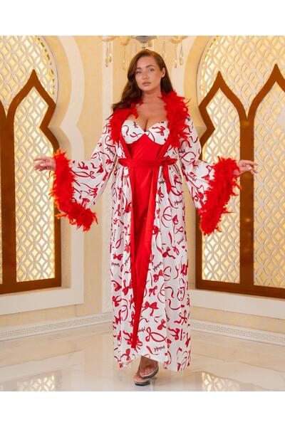 Loviana belle Special Design Feather Detailed 2-Piece Long Dressing Gown Full...