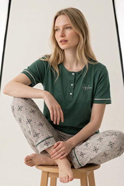 MORRO Women's Green Geometric Patterned Cotton Short Sleeve Pajamas Set