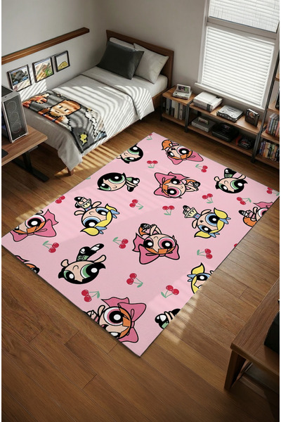 Milura Powerpuff Girls Dijital Baskılı Kaymaz Taban Oyuncu ve Genç Odası Halısı