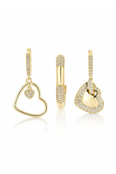serelya Brass Zircon Stone Heart Model Gold Color 3-Piece Women's Earrings