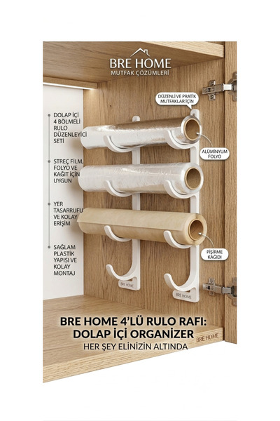 BRE HOME Dolap İçi Düzenleyici 4 Bölmeli Rulo Rafı 2'li Set - Mutfak Tezgah A...