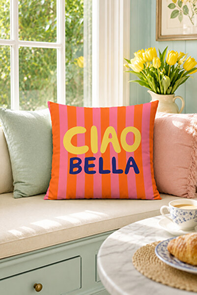 Evmila Ciao Bella Striped Text Printed Decorative Throw Pillow Cover Retro Su...
