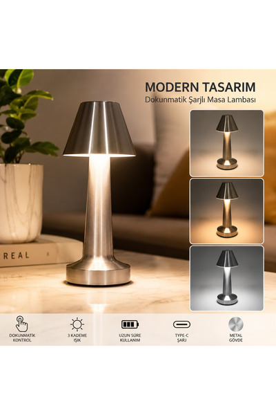 Şarjlı Dokunmatik Metal Masa Lambası | 3 Kademe Işık | Kablosuz LED Gece Lambası | Type-C Şarjlı