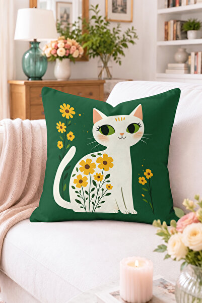 Home Beyaz Kedi ve Sarı Çiçek Desenli Kırlent Kılıfı - Bohem Dekoratif Yastık...