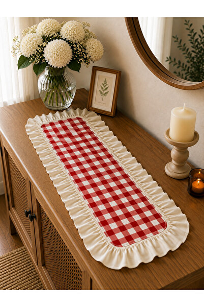 ŞAH TEXTILE DESIGN 30x80 keten fırfırlı pötikare runner konsol örtüsü
