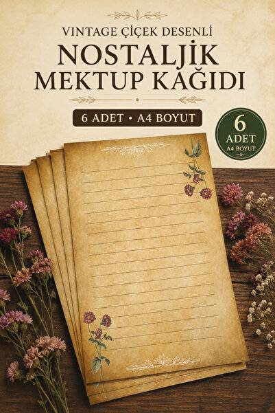 Vintage Çiçek Desenli Nostaljik Mektup Kağıdı – 6 Adet A4