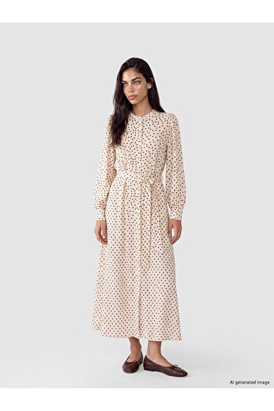 LC Waikiki Lcw Modest Ecru High Neck Belted Polka Dot Dress