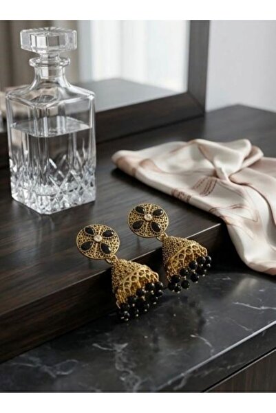 FASHION Antique Gold Jhumka Earrings with Black Stones – Ethnic Traditional D...