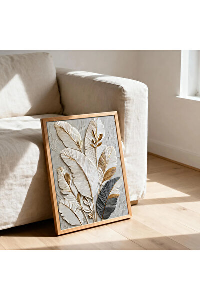 alphobitasarım Ahşap Çerçeveli Minimalist Yaprak Desenli Modern Duvar Tablosu