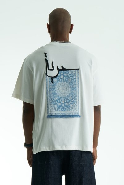 CANMODA Tricou alb supradimensionat, 100% bumbac, cu motiv etnic cu covor, cu text Libertate, unisex