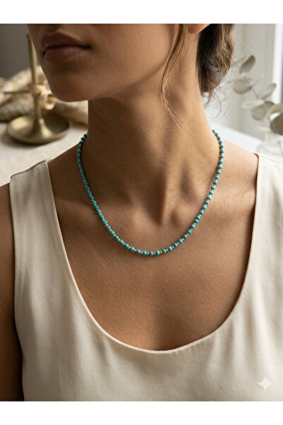 Atolye Ferda Minimal Turquoise Stone Necklace with Steel Apparatus and Dorica...