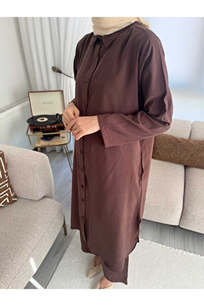 Kadın Boydan Düğmeli Tunik İkili Takım Kahverengi
