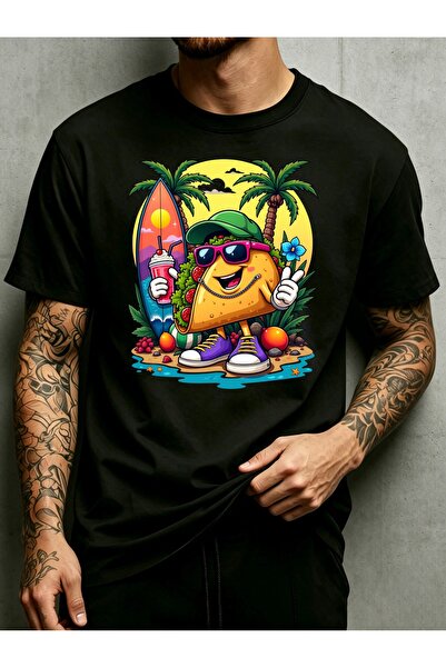 NOURAM Cartoon Surfing Beach Theme Men Round Neck T Shirt Loose Fit 100 Perce...