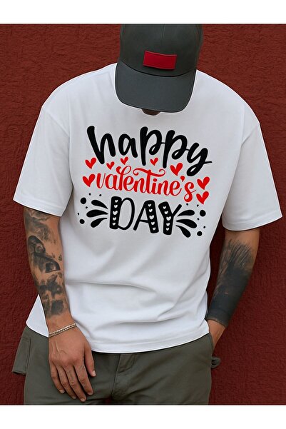 2mcup تي شيرت رجالي بتصميم جرافيك مطبوع عليه Happy Day وتصميم قلوب وخفافيش، ن...