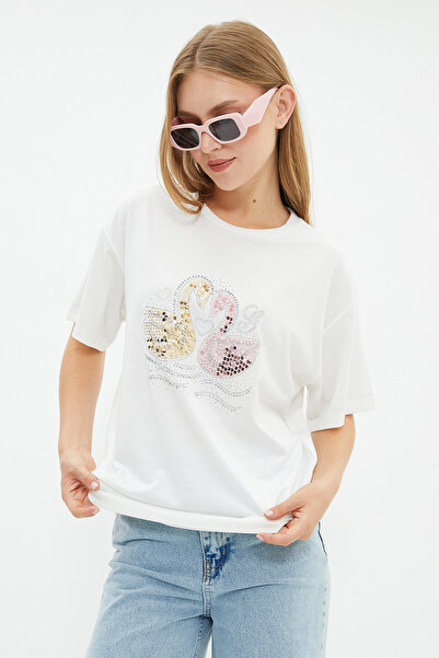 Fulla Moda Stoned Sequin Flamingo Printed T-Shirt