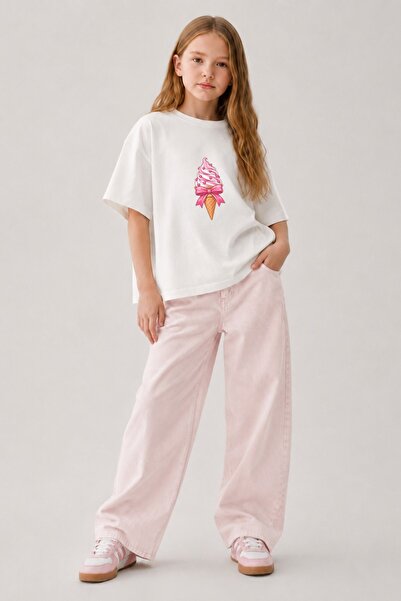 GIA - ART Tricou supradimensionat pentru fete, alb, cu imprimeu Heart Ice Cre...