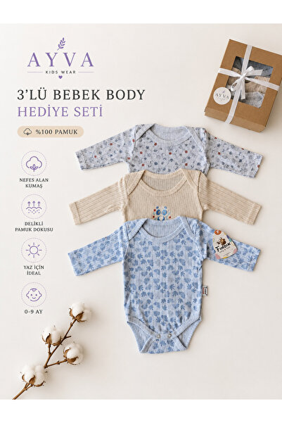 Unisex Uzun Kollu Delikli Pamuklu Bebek Body Seti - Temel 3'lü Takım - AYVA