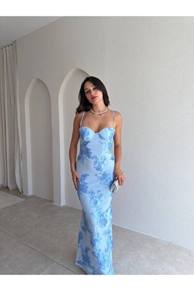 ALPŞAN TİCARET Straps Flower Pattern Long Dress Wedding Guest Prom Engagement...
