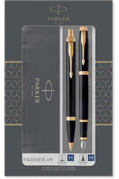 Parker طقم أقلام هدية IM: قلم حبر جاف وقلم حبر سائل، أسود لامع مع حواف ذهبية،...