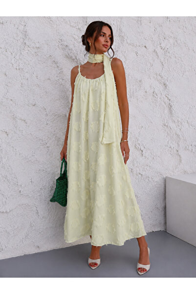 YAREN CO. Women's Linen Flower Pattern Effective Adjustable Strap Scarf Dress