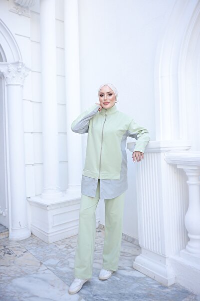 MİMİ Luxury Wear Women's Striped Garnished Zippered Hijab Bottom - Top Set