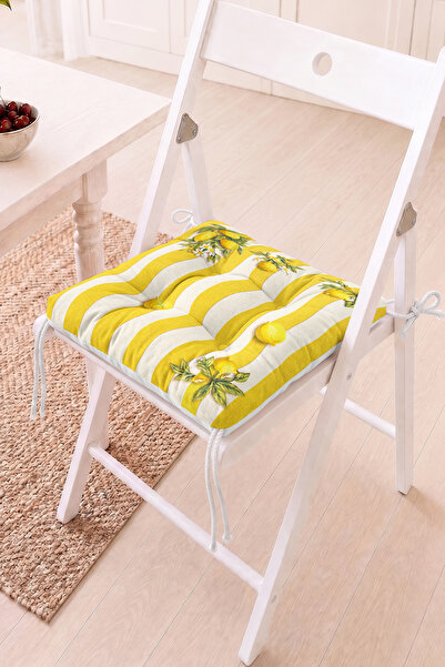 Home Sarı Limon Motifli Pofidik Sandalye Minderi - Çizgili ve Bahçe Dekorasyonu