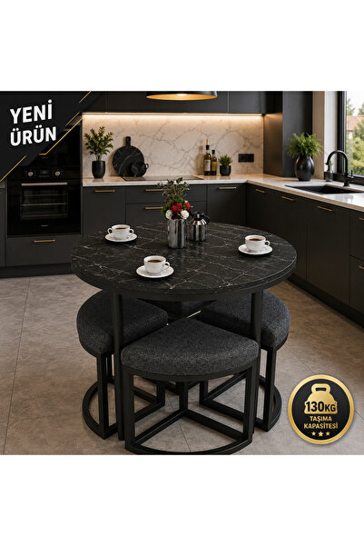 EDMONDA EV AKSESUAR ALARA 90 CM ÇAP SİYAH METAL YUVARLAK YEMEK MASASI TAKIMI ...