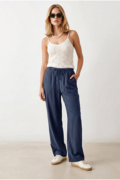 Olalook Women's Navy Blue Elastic Waist Pocketed Royal Linen Flowy Trousers P...