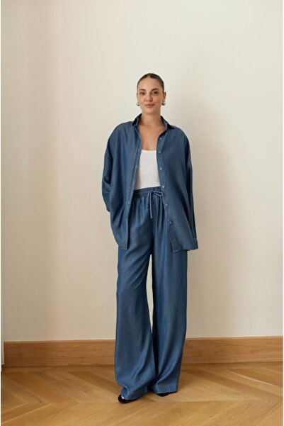 BRTC design Set de pantaloni și cămașă oversize din tensel, albastru marin, p...