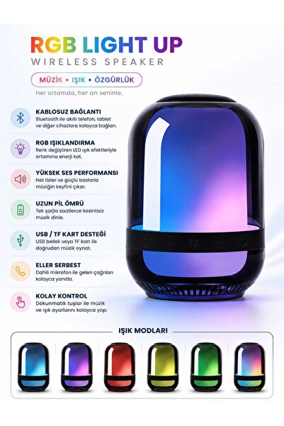 RGB Bluetooth Hoparlör Kablosuz Taşınabilir LED Işıklı Bass Ses USB Şarjlı