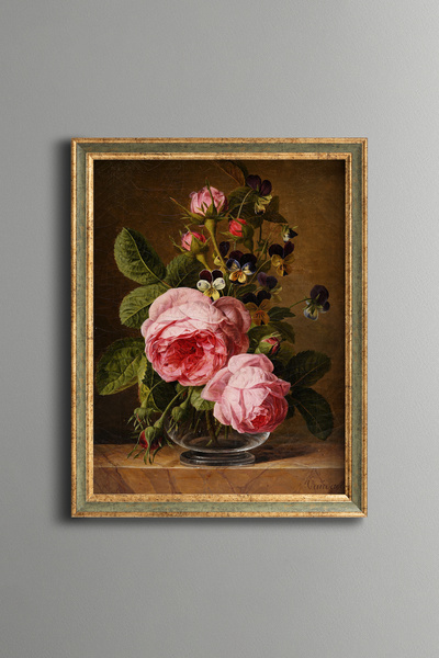 epiqart Roses in Glass Vase - Vintage Patterned Painting - Fine Model