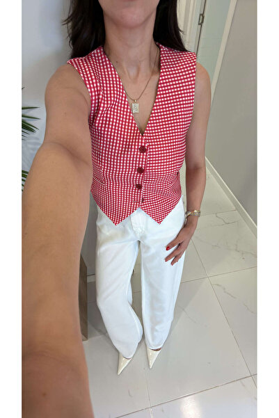 BİRCANÇİL Glosy Ecru Red Gingham Lined Vest
