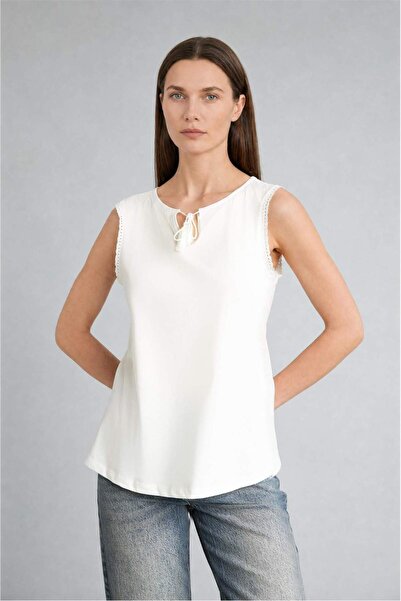 DeFacto Regular Fit Crew Neck Combed Cotton Ecru Blouse H5718Ax26Sm