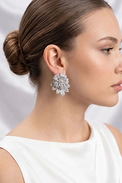 Ru Collective Silver Color Zircon Stone Flower Model Women's Evening Dress Ea...