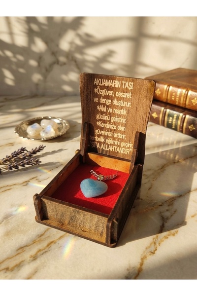 Meneva Aksesuar Heart Cut Aquamarine Natural Stone Necklace with Wooden Box