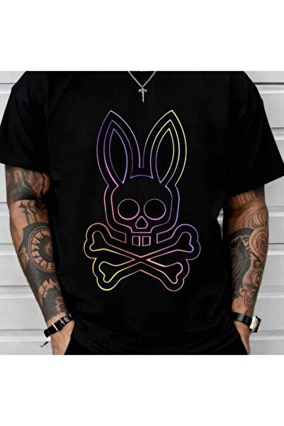 212Wear تي شيرت رجالي أسود بأكمام قصيرة مع طباعة نيون على شكل عظام أرنب، قطن ...