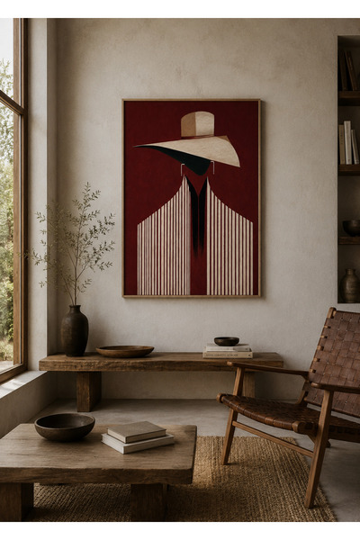 Boho wellness studio Ahşap Çerçeveli Şapkalı Kadın Figürü Modern Poster Tablo