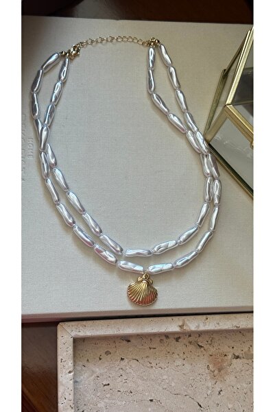 Muse Sister Sea Shell Detailed Double Row Pearl Necklace