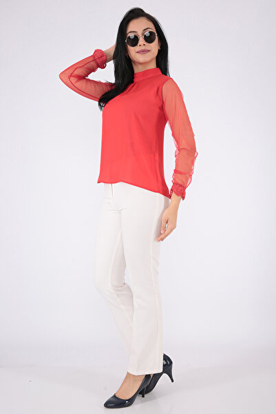 FIRST STYLE Soft Red Turkish Blouse with Long Sleeves, High Collar and Beauti...