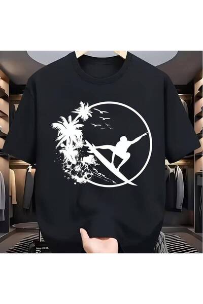 NOURAM New Summer Men's Pure Short-Sleeve T-Shirt with Hawaiian Surfing Cocon...