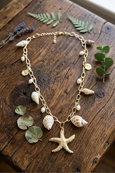 HERBALACCESSORY Deniz Yıldızı Zincir Kolye – Gerçek Deniz Kabuğu Detaylı