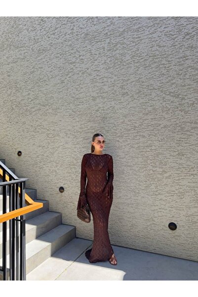 BB Bensu Buyruk Asymmetric Cut Lace Maxi Lori̇n Dress Brown