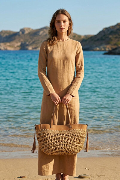 Marina Swimwear Δερμάτινη Λεπτομερής Ψάθινη Τσάντα - Κρεμ CNT2604-2