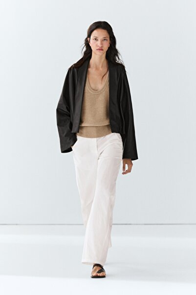 Massimo Dutti Napa deri yakalı kimono