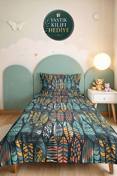 Evimde Bambaşka Leaf Geometric Turquoise Young Room Single Pique Set-Modern 1...