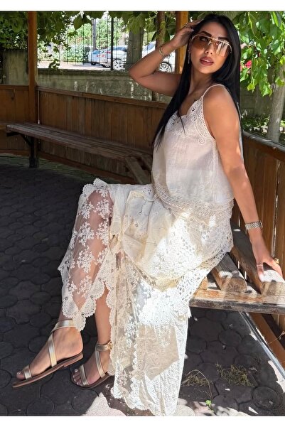 Gülşen Gök Butik Güpür Dantelli Bohem Maksi Takım