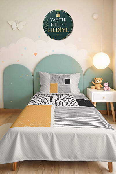 Evimde Bambaşka Yellow Geometric Young Room Single Pique Set - Black Striped ...