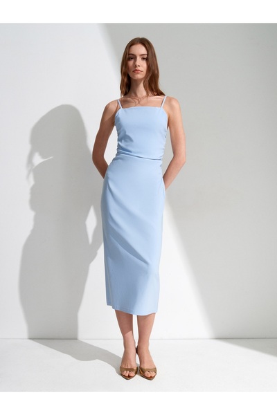 Dilvin 91479 Gathered Midi Dress-Light Blue